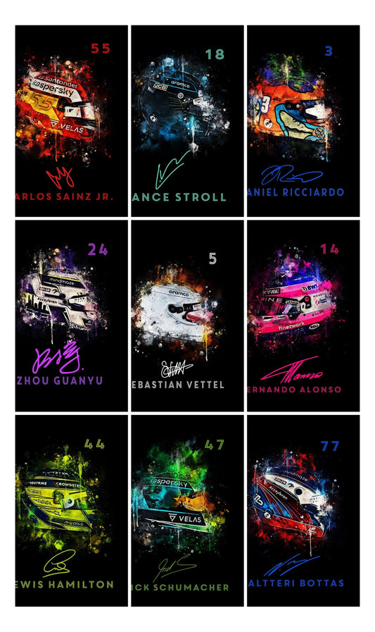 Poster Formel 1 Helm Aquarell Rennfahrer Name Unterschrift Rennnummer · Deko Print ohne Rahmen