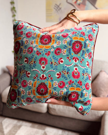 Set di 2 Federe Copricuscini Reversibili 40x40 in Velluto – Ottanio e Fucsia