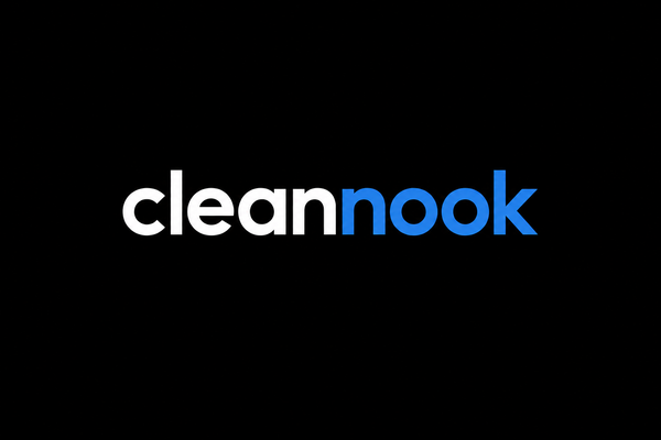 Cleannook logo with blue nook on black background